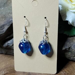 Hand Crafted Dangle Earrings With Blue Beads and Silver Toned Accents